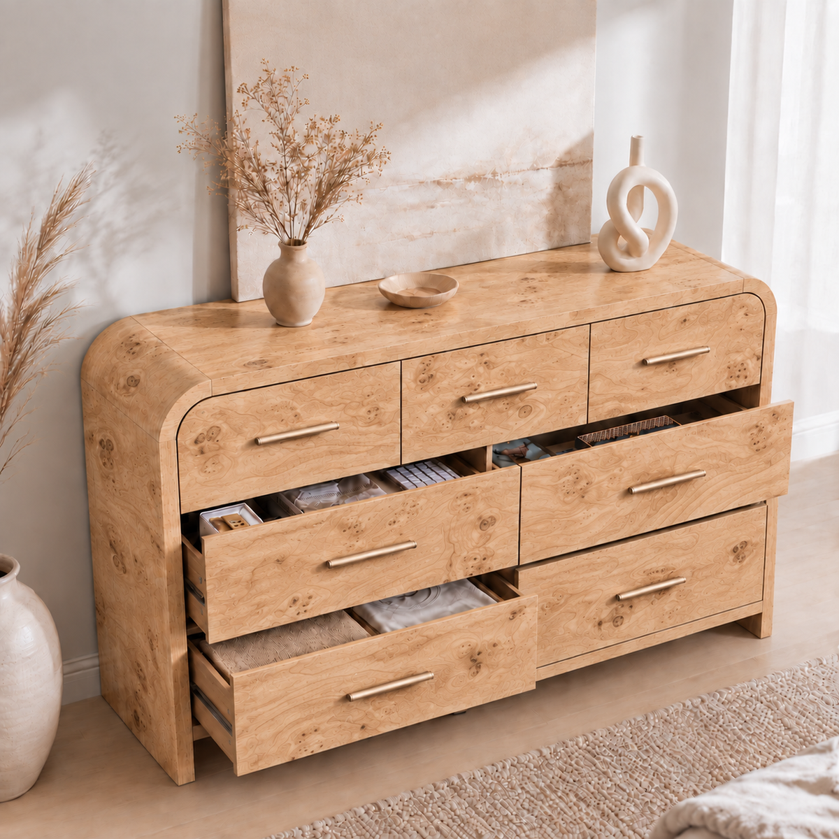Vintagearth 3-Piece Bedroom Dresser and Nightstand Set, 53.82"W 7-Drawer Dresser & Two 2-Drawer Nightstands, Curved Bedroom Furniture Set, Light Burl