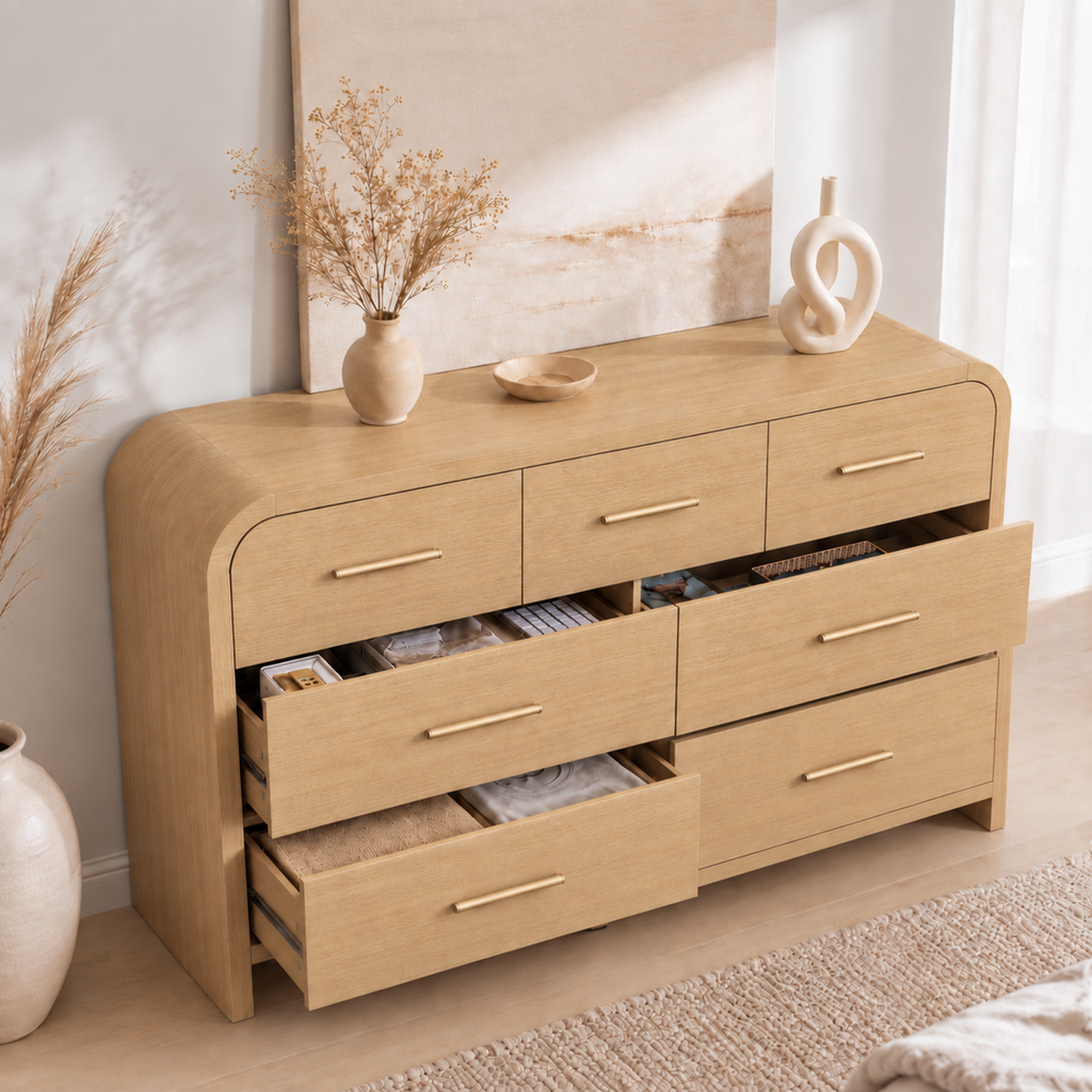 Vintagearth 3-Piece Bedroom Dresser and Nightstand Set, 53.82"W 7-Drawer Dresser & Two 2-Drawer Nightstands, Curved Bedroom Furniture Set, Natural Oak