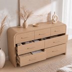Vintagearth 3-Piece Bedroom Dresser and Nightstand Set, 53.82"W 7-Drawer Dresser & Two 2-Drawer Nightstands, Curved Bedroom Furniture Set, Oak