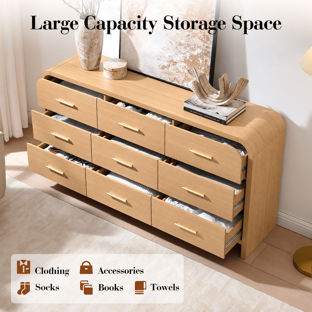 Vintagearth 3-Piece Bedroom Dresser and Nightstand Set, 62.99"W 9-Drawer Dresser & Two 3-Drawer Nightstands, Curved Bedroom Furniture Set, Natural Oak