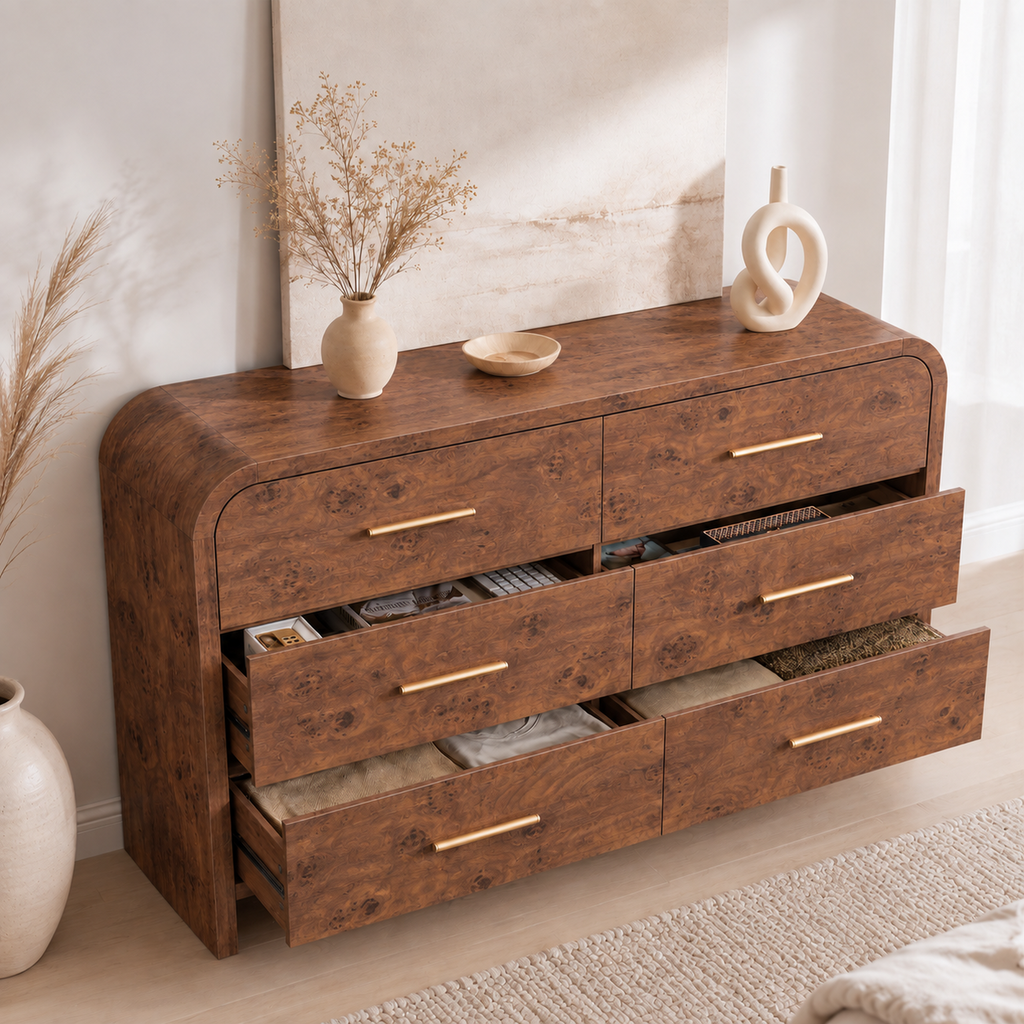 Vintagearth 3-Piece Bedroom Dresser and Nightstand Set, 53.81"W 6-Drawer Dresser & Two 1-Drawer Nightstands with Open Shelf, Curved Bedroom Furniture Set, Dark Burl