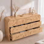 Vintagearth 3-Piece Bedroom Dresser and Nightstand Set, 53.81"W 6-Drawer Dresser & Two 1-Drawer Nightstands with Open Shelf, Curved Bedroom Furniture Set, Light Burl
