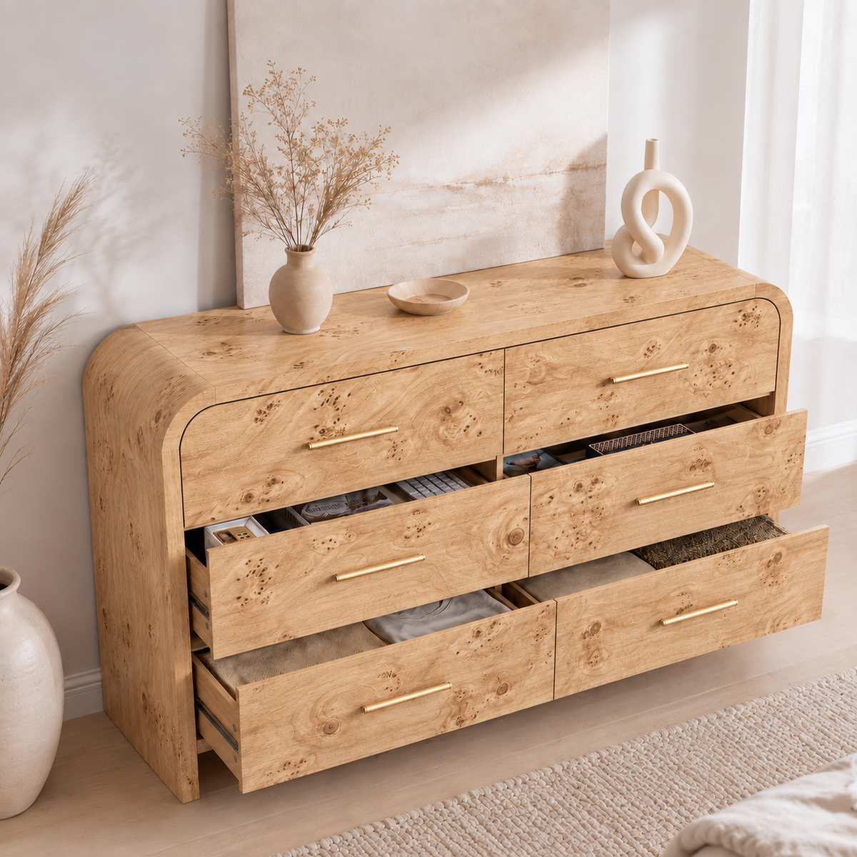 Vintagearth 3-Piece Bedroom Dresser and Nightstand Set, 53.81"W 6-Drawer Dresser & Two 1-Drawer Nightstands with Open Shelf, Curved Bedroom Furniture Set, Light Burl
