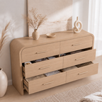Vintagearth 3-Piece Bedroom Dresser and Nightstand Set, 53.81"W 6-Drawer Dresser & Two 1-Drawer Nightstands with Open Shelf, Curved Bedroom Furniture Set, Oak