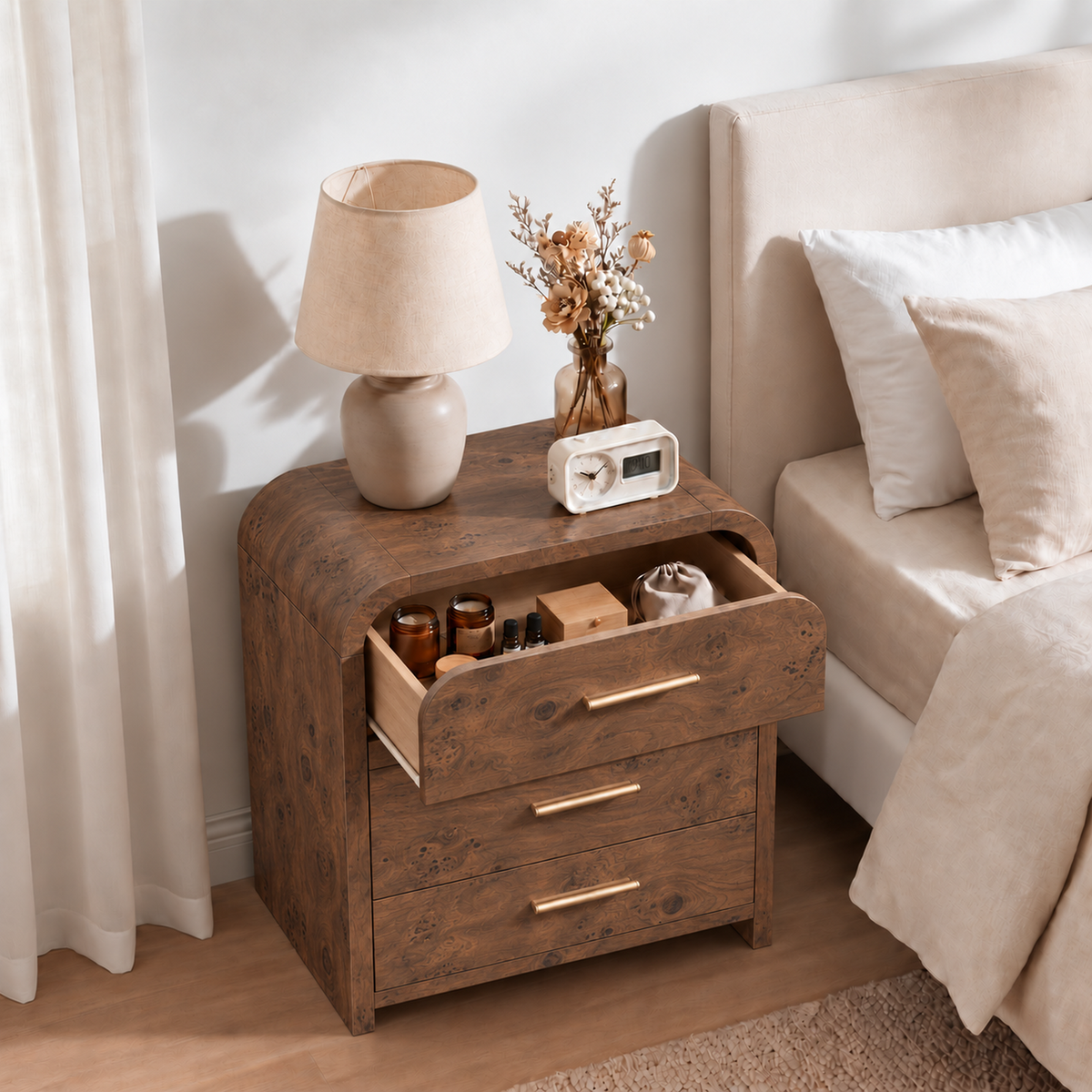 Vintagearth 3-Piece Bedroom Dresser and Nightstand Set, 62.99"W 9-Drawer Dresser & Two 3-Drawer Nightstands, Curved Bedroom Furniture Set, Dark Burl