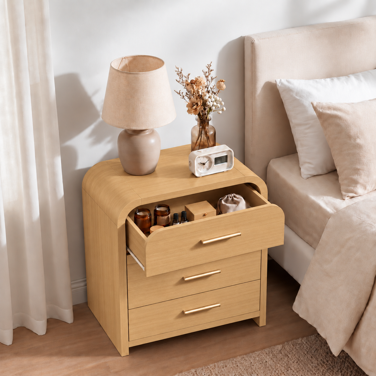Vintagearth 3-Piece Bedroom Dresser and Nightstand Set, 62.99"W 9-Drawer Dresser & Two 3-Drawer Nightstands, Curved Bedroom Furniture Set, Natural Oak
