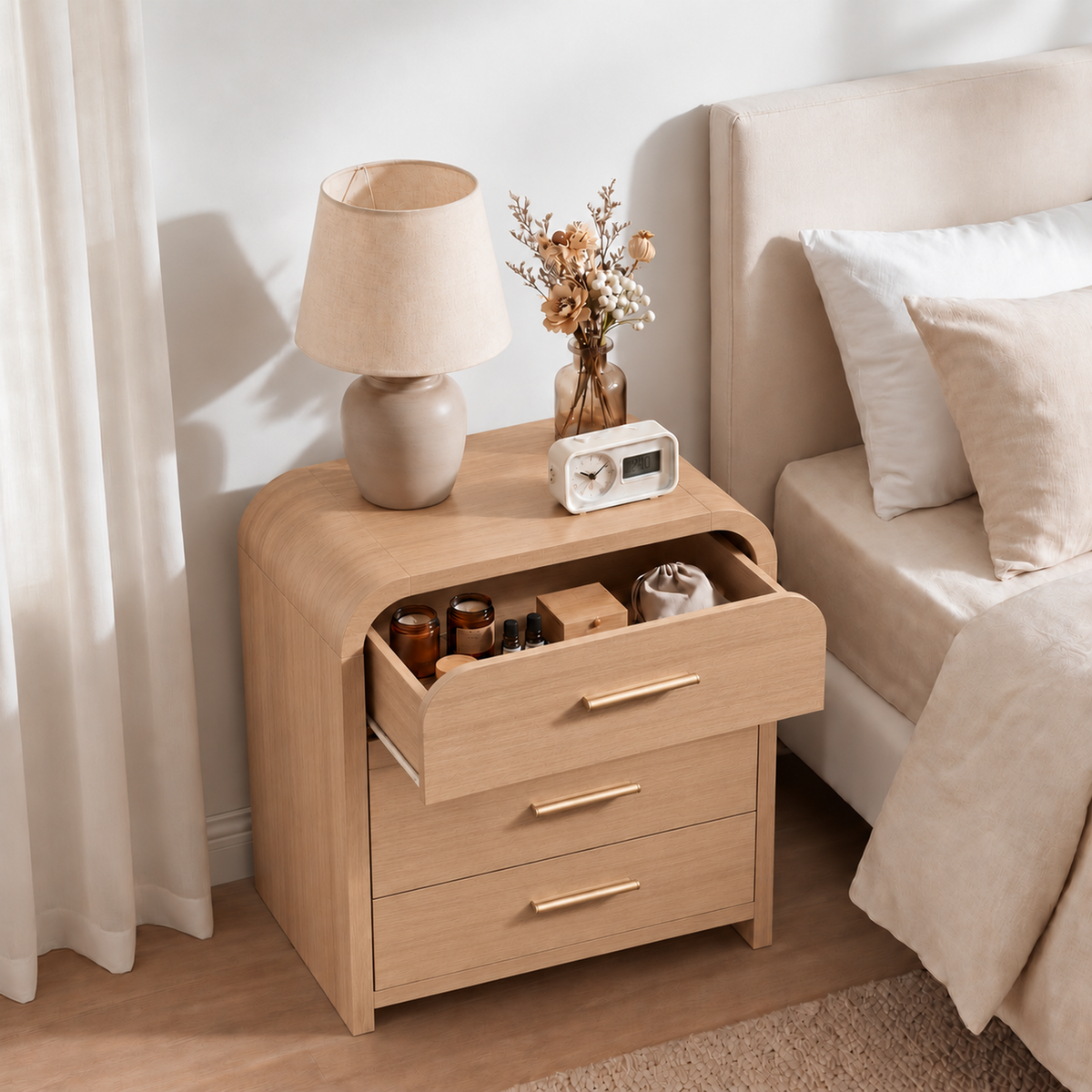 Vintagearth 3-Piece Bedroom Dresser and Nightstand Set, 62.99"W 9-Drawer Dresser & Two 3-Drawer Nightstands, Curved Bedroom Furniture Set, Oak