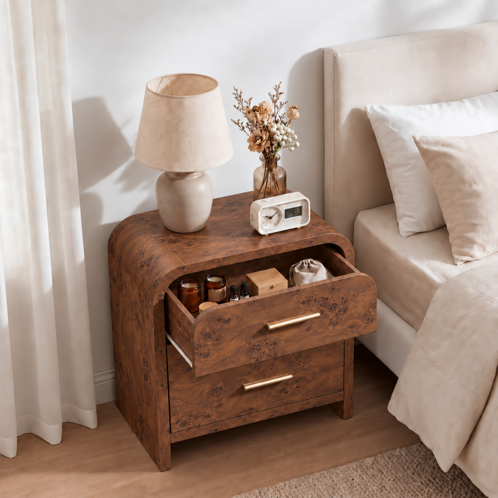 Vintagearth 3-Piece Bedroom Dresser and Nightstand Set, 53.82"W 7-Drawer Dresser & Two 2-Drawer Nightstands, Curved Bedroom Furniture Set, Dark Burl