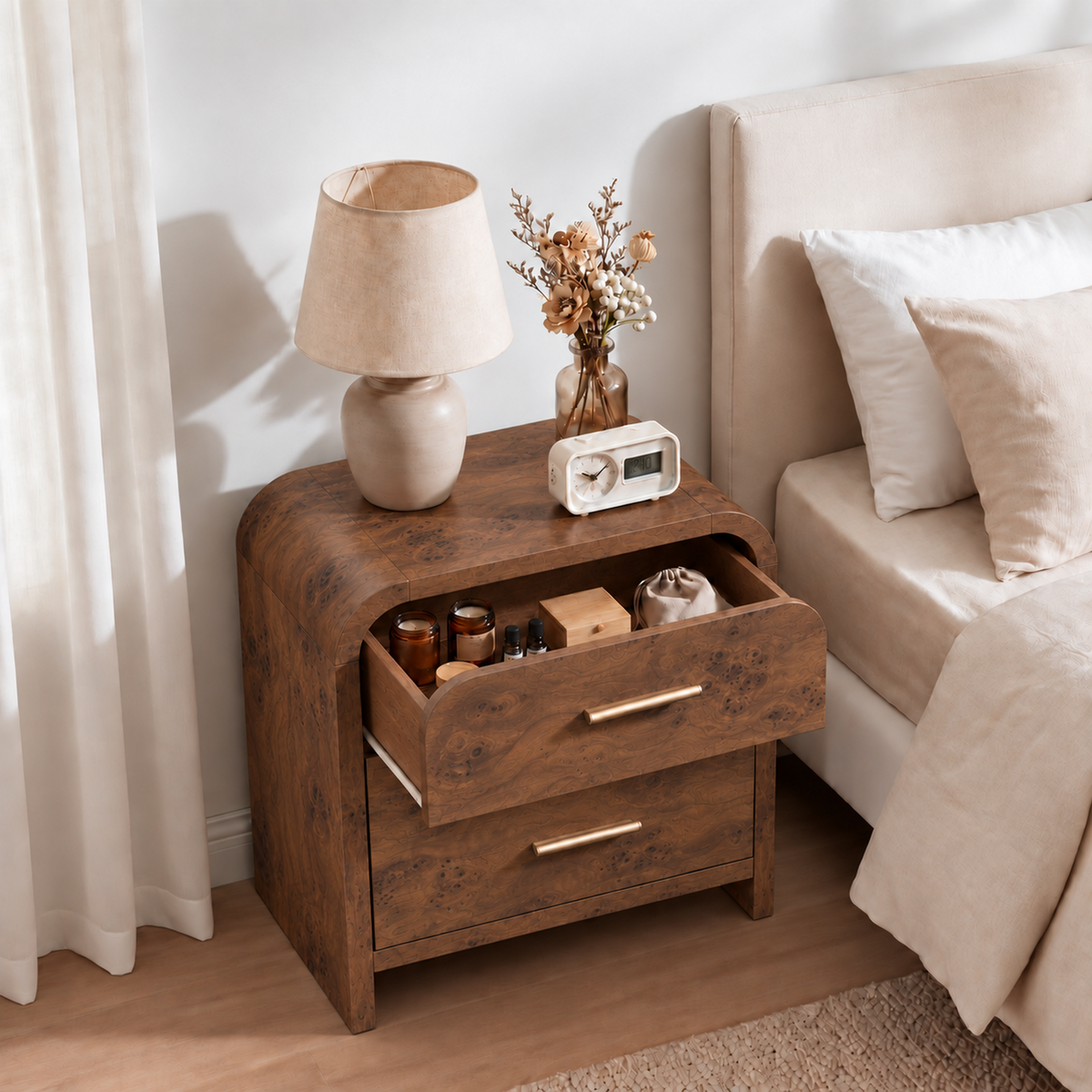 Vintagearth 3-Piece Bedroom Dresser and Nightstand Set, 62.99"W 9-Drawer Dresser & Two 2-Drawer Nightstands, Curved Bedroom Furniture Set, Dark Burl