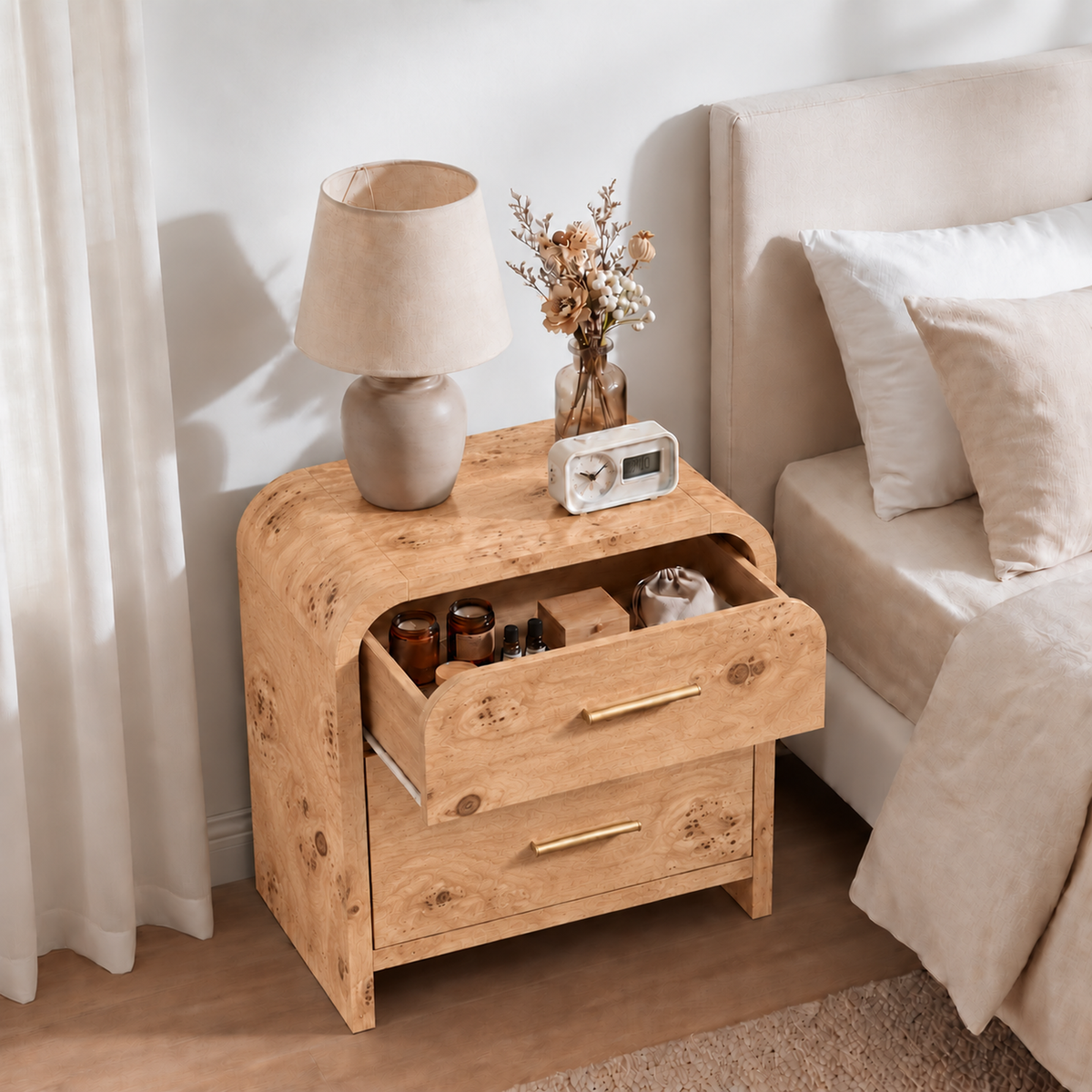 Vintagearth 3-Piece Bedroom Dresser and Nightstand Set, 62.99"W 9-Drawer Dresser & Two 2-Drawer Nightstands, Curved Bedroom Furniture Set, Light Burl