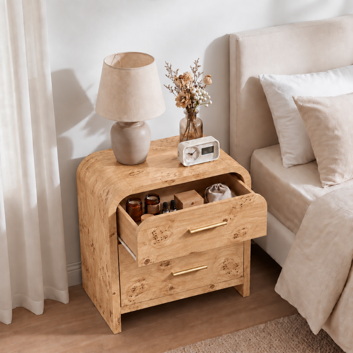 Vintagearth 3-Piece Bedroom Dresser and Nightstand Set, 53.81"W 6-Drawer Dresser & Two 2-Drawer Nightstands, Curved Bedroom Furniture Set, Light Burl
