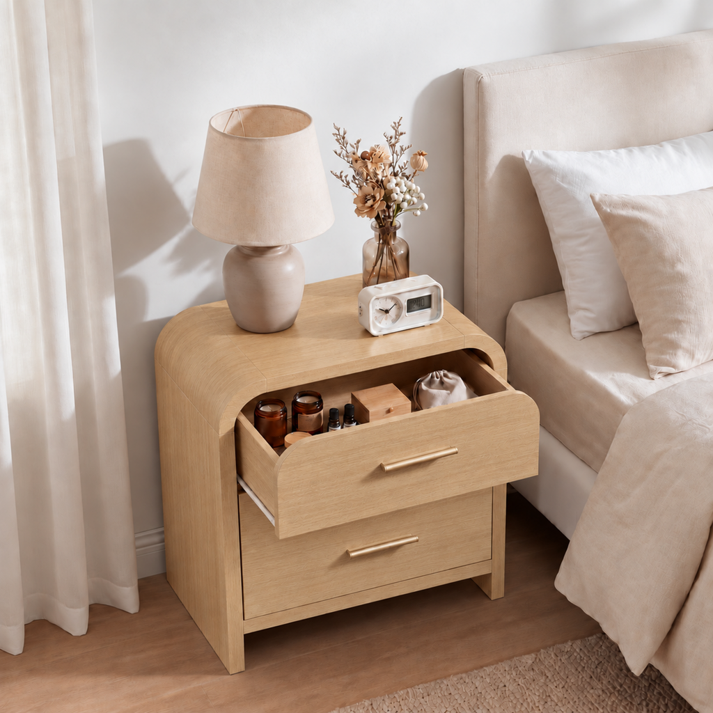 Vintagearth 3-Piece Bedroom Dresser and Nightstand Set, 53.81"W 6-Drawer Dresser & Two 2-Drawer Nightstands, Curved Bedroom Furniture Set, Natural Oak