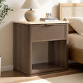 Vintagearth Nightstand 23.11" W Boho Rattan Faux Marble Top Bedside Table, FSC-Certified 1.97" Thick Wood End Table, 1 Drawer & 1 Open Storage Shelf, Dark Oak