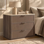 Vintagearth Nightstand 30.73" W Rattan Faux Marble Top Bedside Table, 1.97" Thick Wood End Table, 3 Drawer Storage, Dark Oak