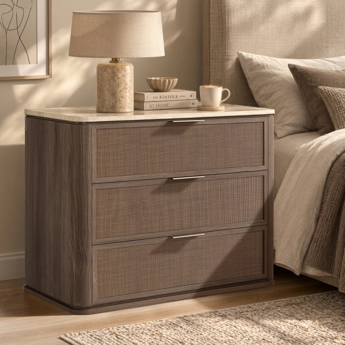 Vintagearth Nightstand 30.73" W Rattan Faux Marble Top Bedside Table, 1.97" Thick Wood End Table, 3 Drawer Storage, Dark Oak