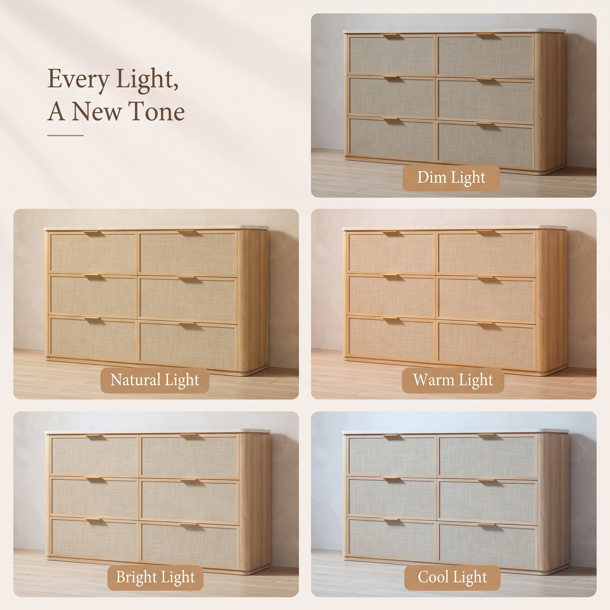 Vintagearth 6 Drawer Dresser for Bedroom, Rattan Fronts Faux Travertine Top 54.5" Wide Chest of Drawers, FSC-Certified Thick Wood, Natural Oak