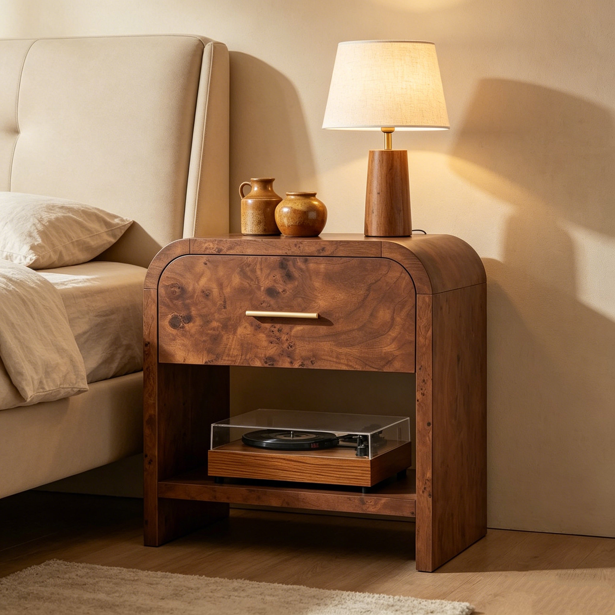 Vintagearth Nightstand 24" Tall Modern Curved Bedside Table, FSC-Certified Wood End Table, 1 Drawer & 1 Open Storage Shelf