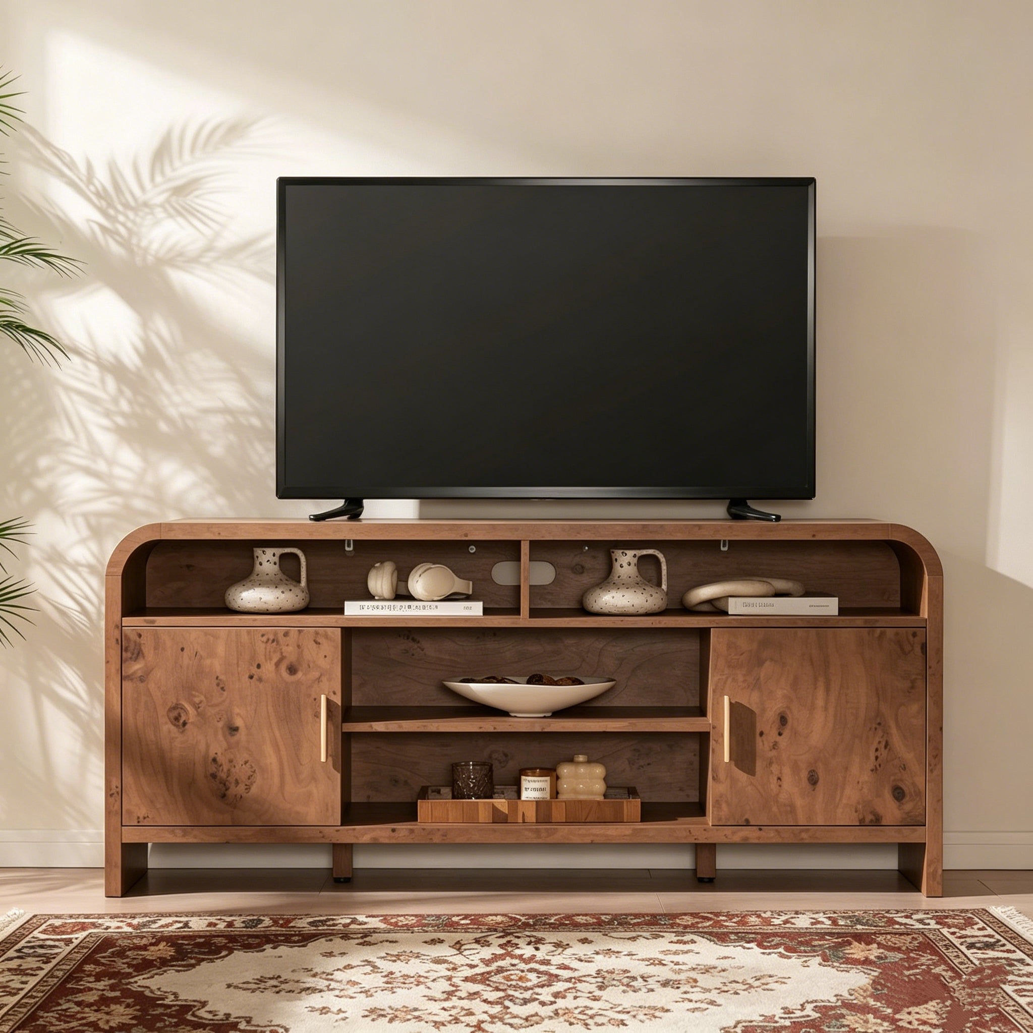 Vintagearth TV Stand FSC Certified Wooden Entertainment Center with Unique Curved Design, Storage Cabinets & Adjustable Shelves, Modern Media Console, Easy Assembly