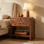 Vintagearth Nightstand 24" Tall Modern Curved Bedside Table, FSC-Certified Wood End Table, 1 Drawer & 1 Open Storage Shelf, Dark Burl