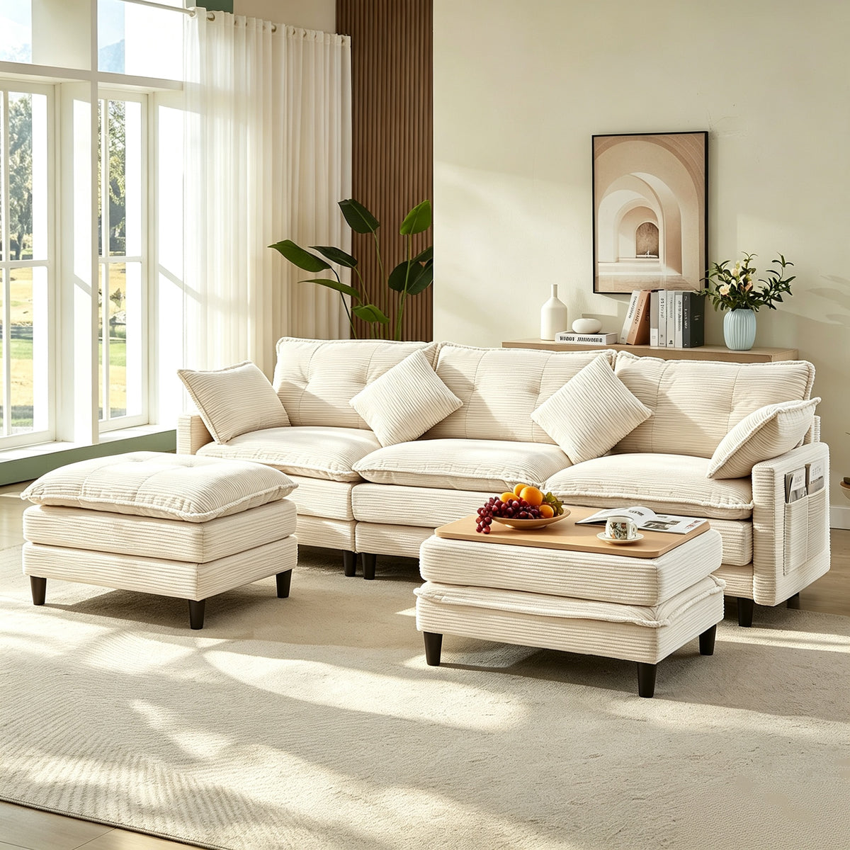 Vintagearth 108'' Modular Sectional Sofa U Shaped Cloud Couch with 2 Ottomans & 4 Pillows, Tool-free Easy Assembly for Living Room Apartment, Beige