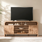 Mueble de TV Vintagearth, centro de entretenimiento de madera con certificación FSC, diseño curvado único, armarios de almacenamiento y estantes ajustables, consola multimedia moderna, fácil montaje, Light Burl