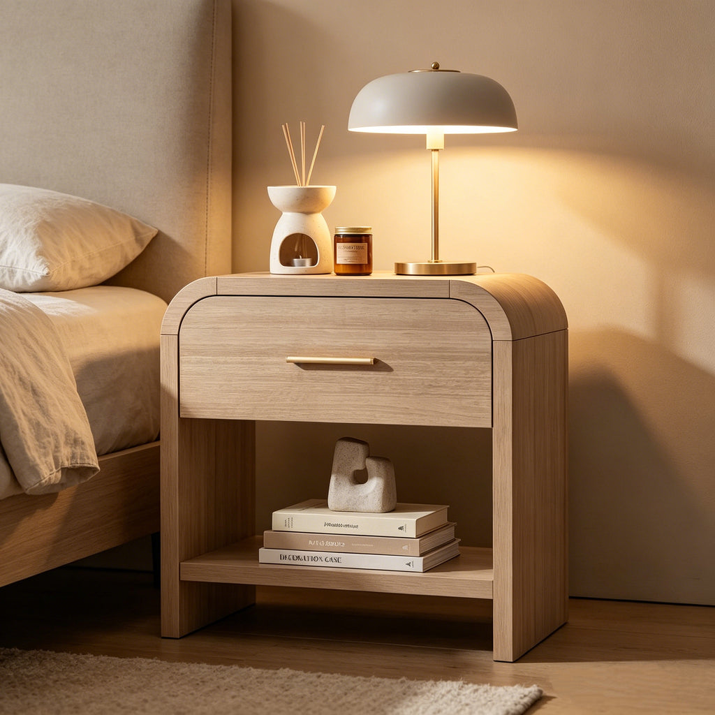 Vintagearth Mesita de Noche de 61 cm de Alto, Moderna Mesa Auxiliar Curva de Madera Certificada FSC, 1 Cajón y 1 Estante Abierto, Burl Claro