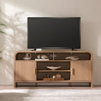 Mueble de TV Vintagearth, centro de entretenimiento de madera con certificación FSC, diseño curvado único, armarios de almacenamiento y estantes ajustables, consola multimedia moderna, fácil montaje, Light Burl