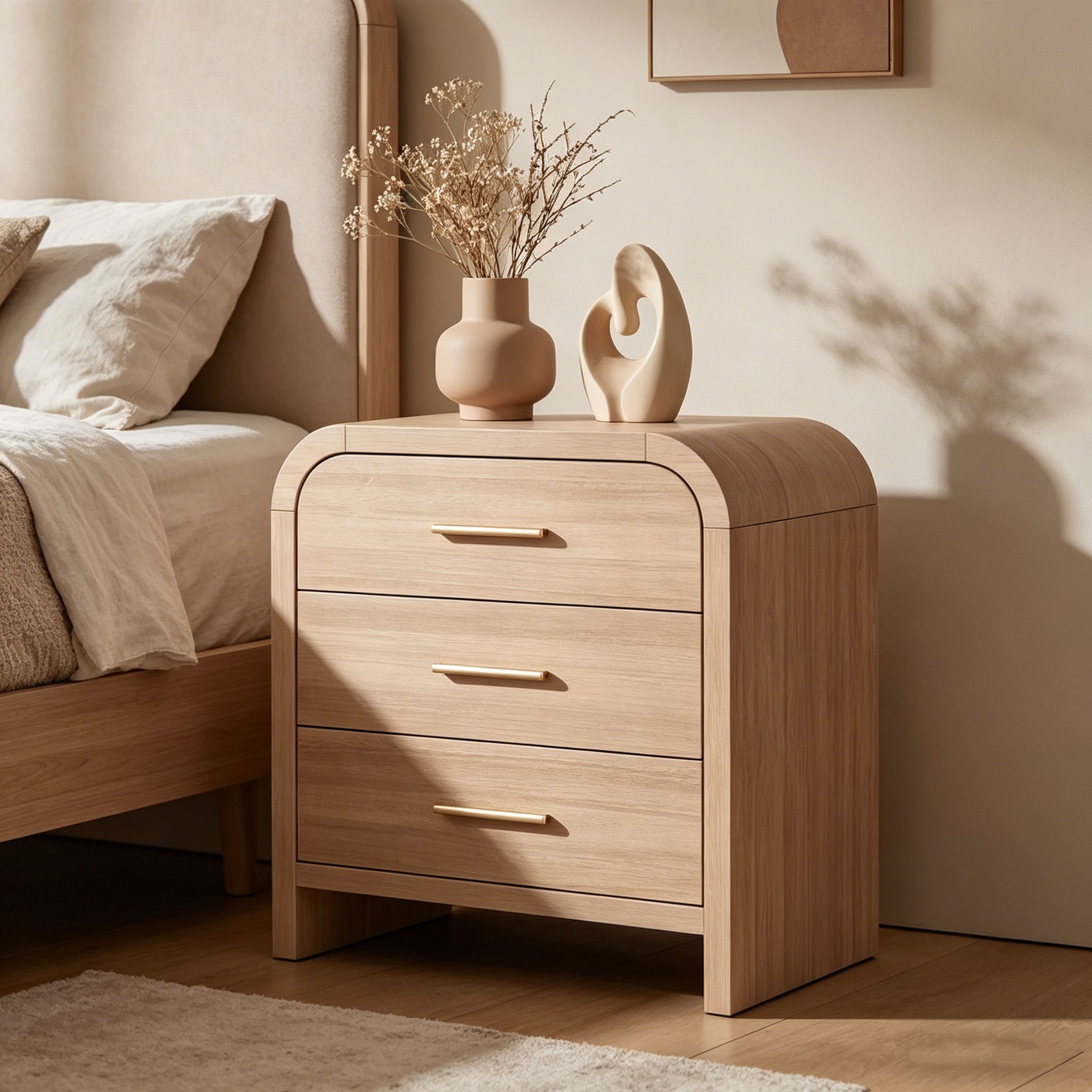 Vintagearth Nightstand 26.7" Tall Modern Curved Bedside Table, FSC-Certified Wood End Table, 3 Drawer Storage, Oak