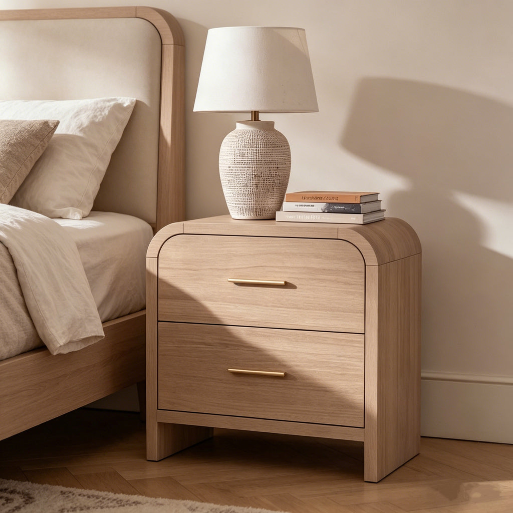 Vintagearth Nightstand 24" Tall Modern Curved Bedside Table, FSC-Certified Wood End Table, 2 Drawer Storage, Oak