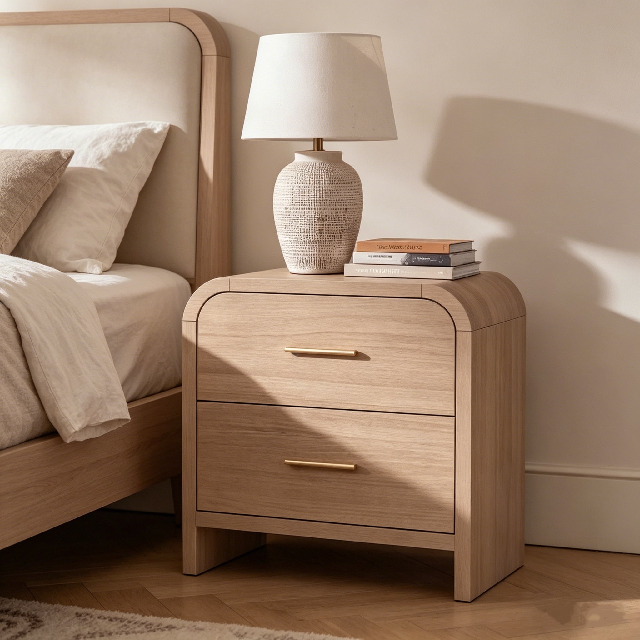 Vintagearth Nightstand 24" Tall Modern Curved Bedside Table, FSC-Certified Wood End Table, 2 Drawer Storage, Oak