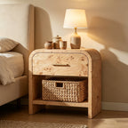 Vintagearth Mesita de Noche de 61 cm de Alto, Moderna Mesa Auxiliar Curva de Madera Certificada FSC, 1 Cajón y 1 Estante Abierto, Burl Claro