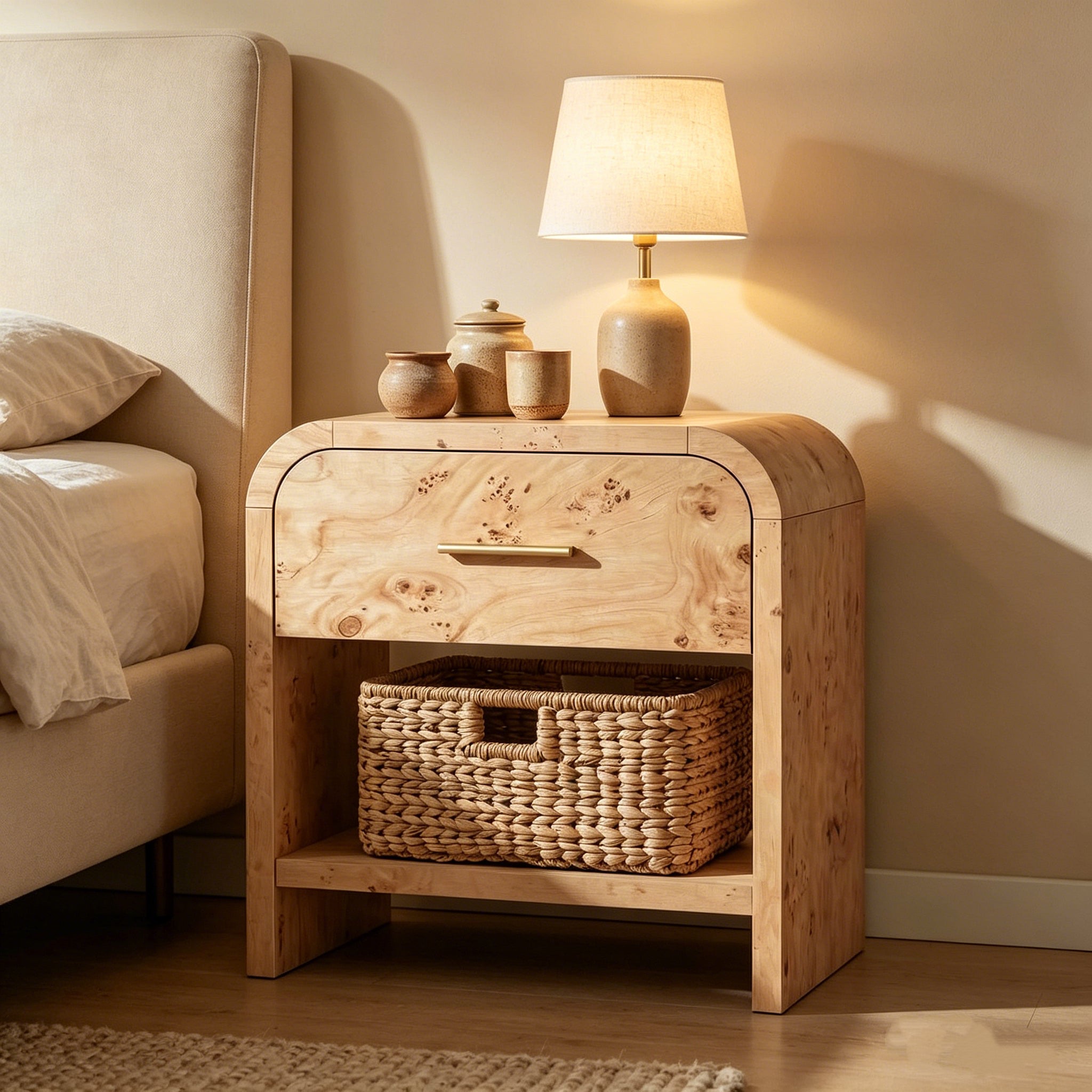 Vintagearth Nightstand 24" Tall Modern Curved Bedside Table, FSC-Certified Wood End Table, 1 Drawer & 1 Open Storage Shelf
