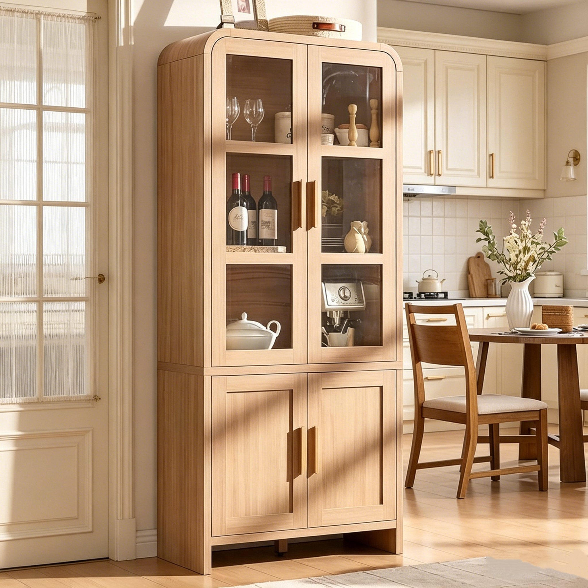 Vintagearth 77" Tall Kitchen Pantry Cabinet, 1.18'' Thick Panel Curved Storage Cupboard with Adjustable Shelf, Freestanding Organizer for Kitchen, Dining Room