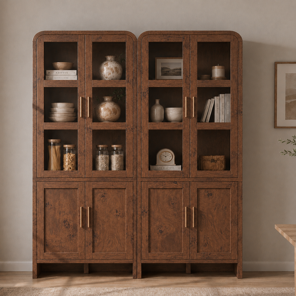 Vintagearth 77" Tall Kitchen Pantry Cabinet, 1.18'' Thick Panel Curved Storage Cupboard with Adjustable Shelf, Freestanding Organizer for Kitchen, Dining Room, Dark Burl, 2 pc