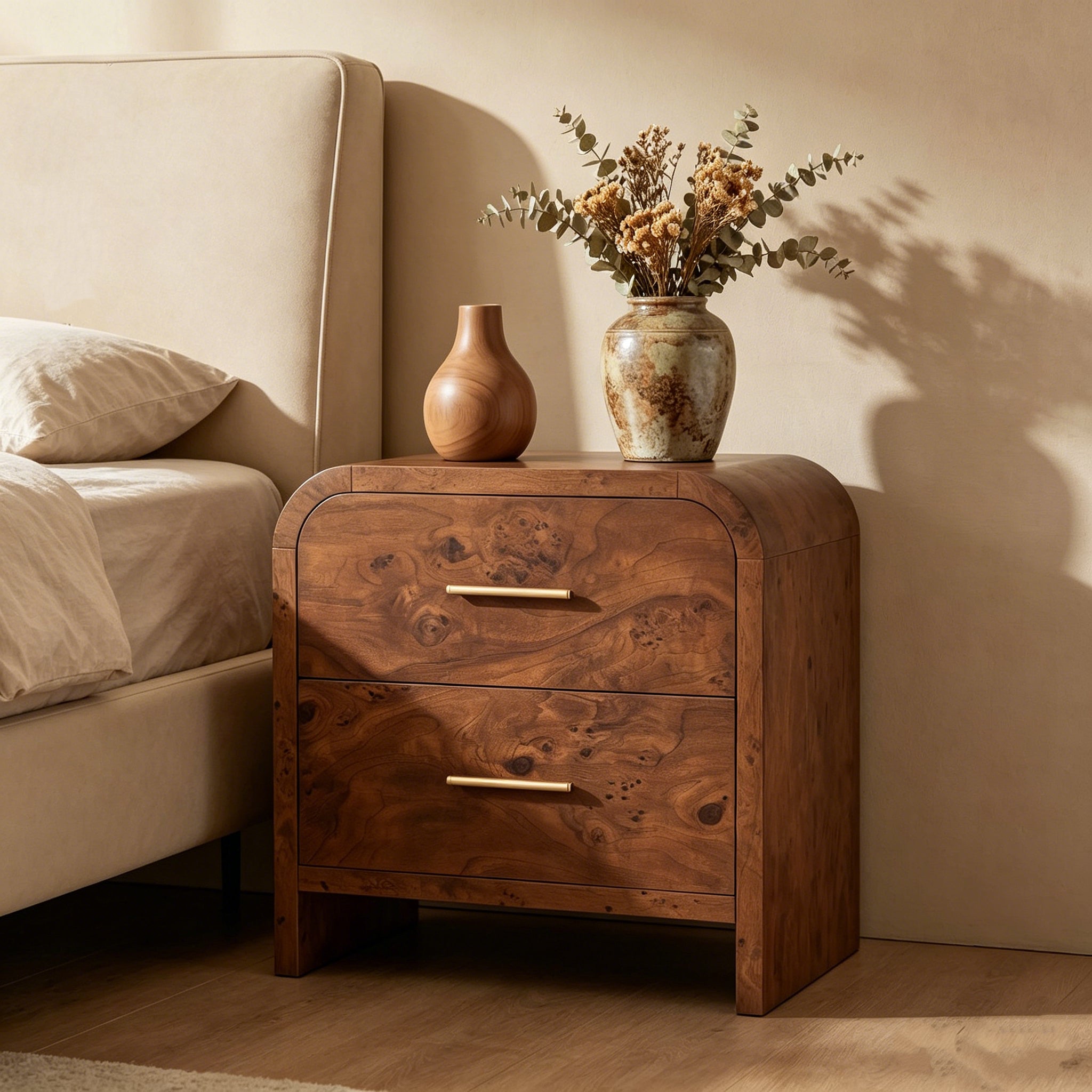 Vintagearth Nightstand 24" Tall Modern Curved Bedside Table, FSC-Certified Wood End Table, 2 Drawer Storage