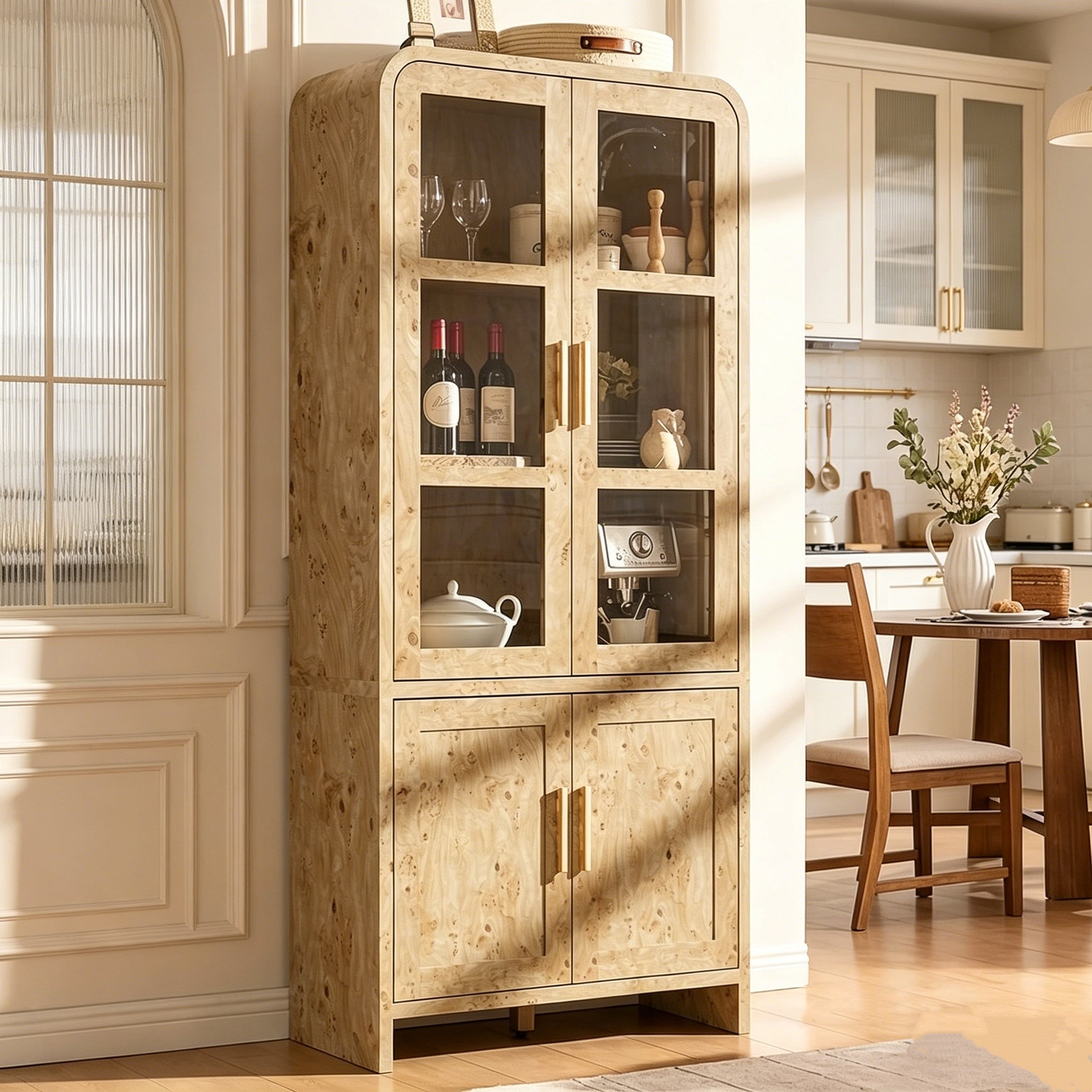 Vintagearth  77" Tall Kitchen Pantry Cabinet, 1.18'' Thick Panel Curved Storage Cupboard with Adjustable Shelf, Freestanding Organizer for Kitchen, Dining Room, Light Burl