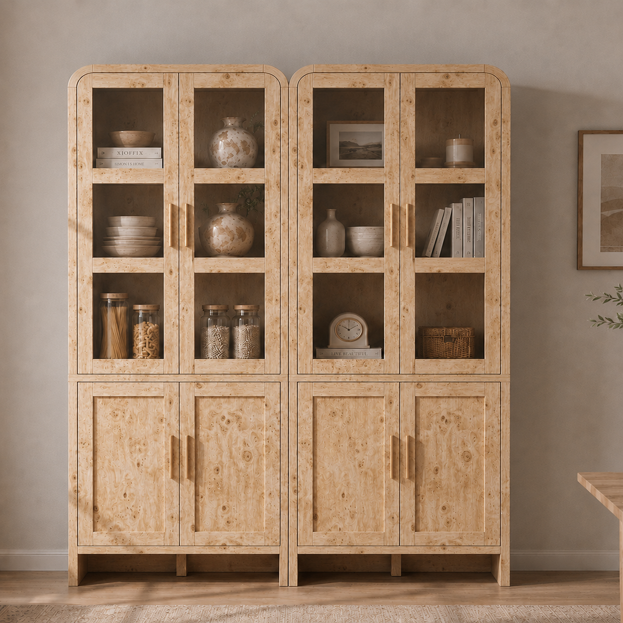 Vintagearth 77" Tall Kitchen Pantry Cabinet, 1.18'' Thick Panel Curved Storage Cupboard with Adjustable Shelf, Freestanding Organizer for Kitchen, Dining Room, Light Burl, 2 pc