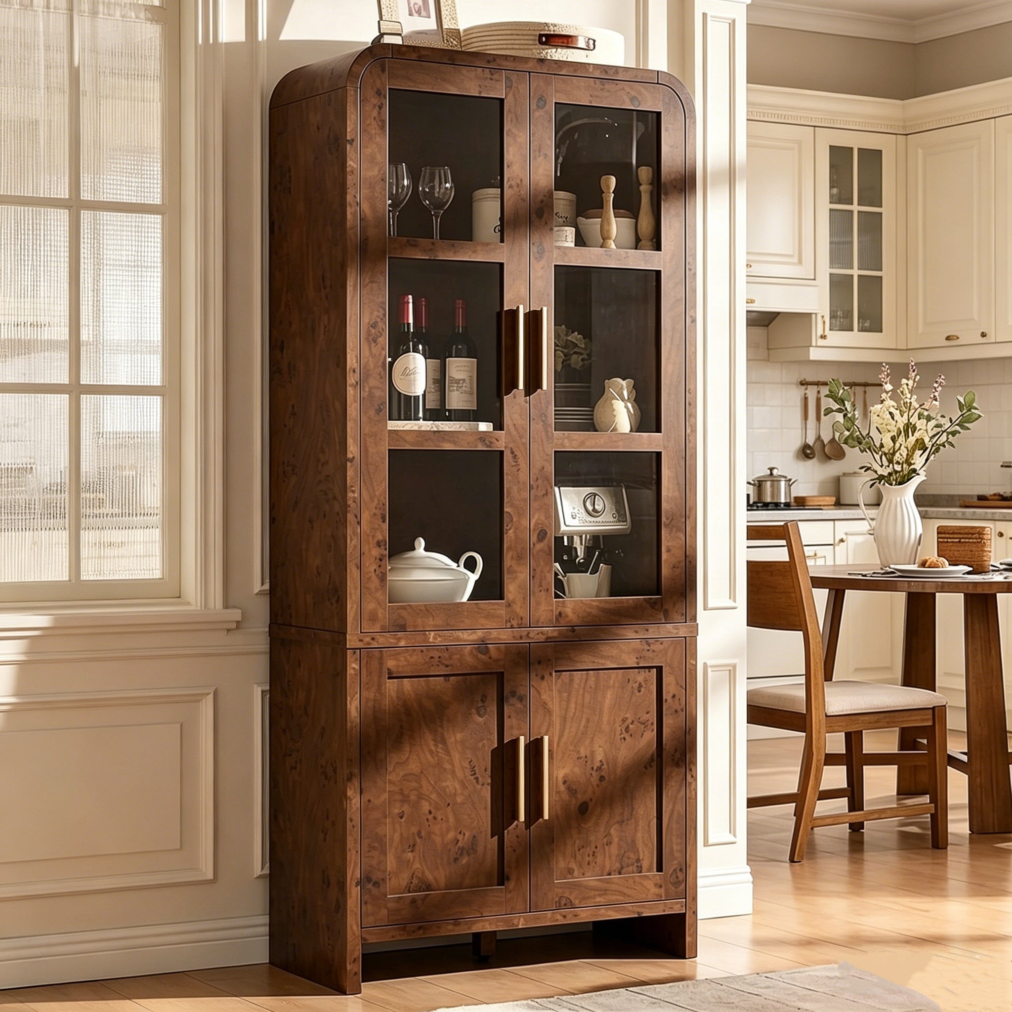Vintagearth  77" Tall Kitchen Pantry Cabinet, 1.18'' Thick Panel Curved Storage Cupboard with Adjustable Shelf, Freestanding Organizer for Kitchen, Dining Room, Dark Burl