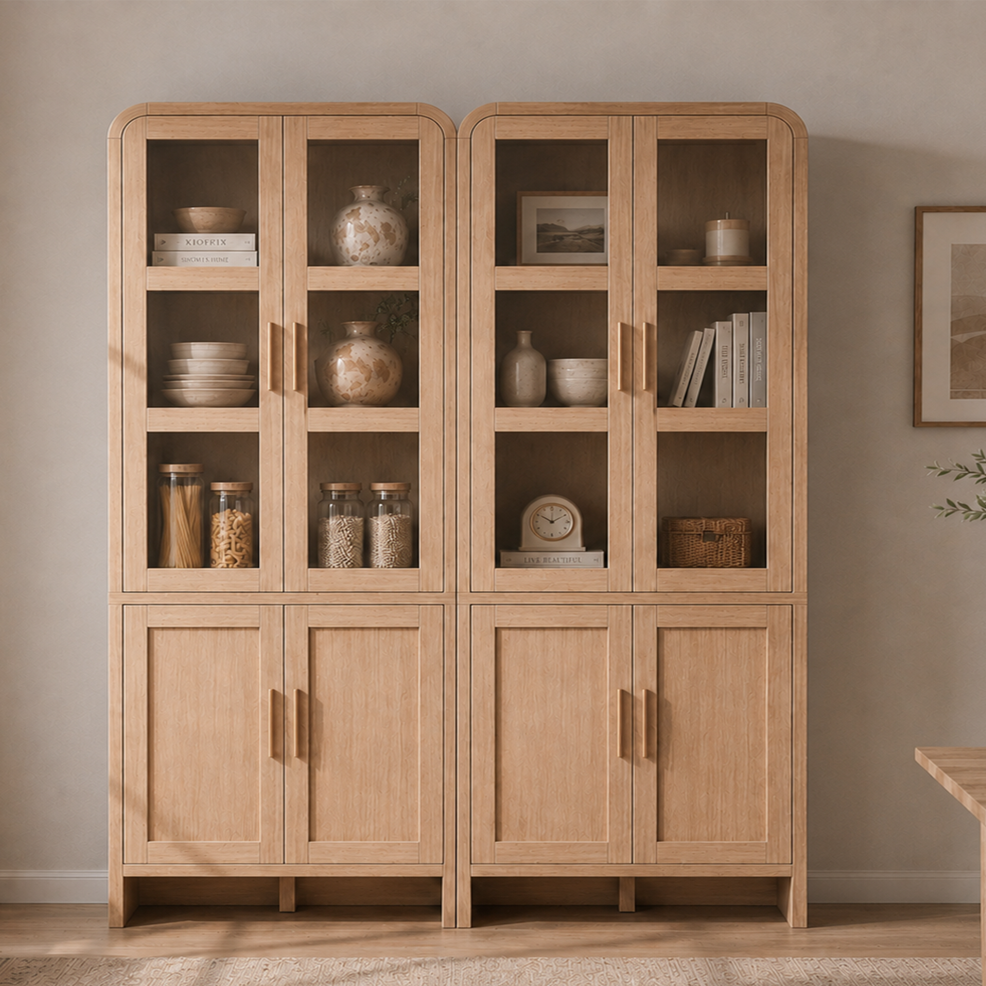Vintagearth 77" Tall Kitchen Pantry Cabinet, 1.18'' Thick Panel Curved Storage Cupboard with Adjustable Shelf, Freestanding Organizer for Kitchen, Dining Room, Oak, 2 pc