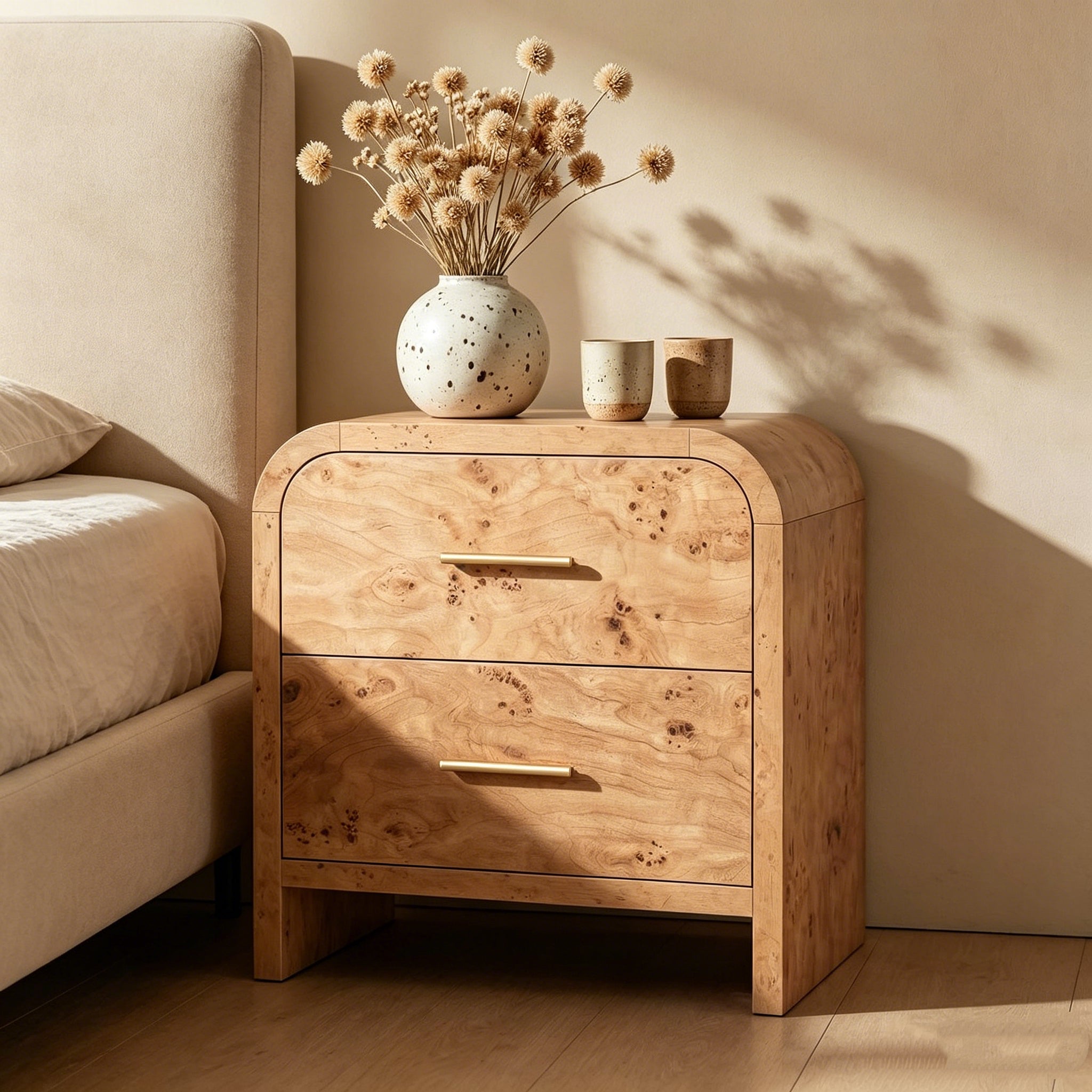 Vintagearth Nightstand 24" Tall Modern Curved Bedside Table, FSC-Certified Wood End Table, 2 Drawer Storage