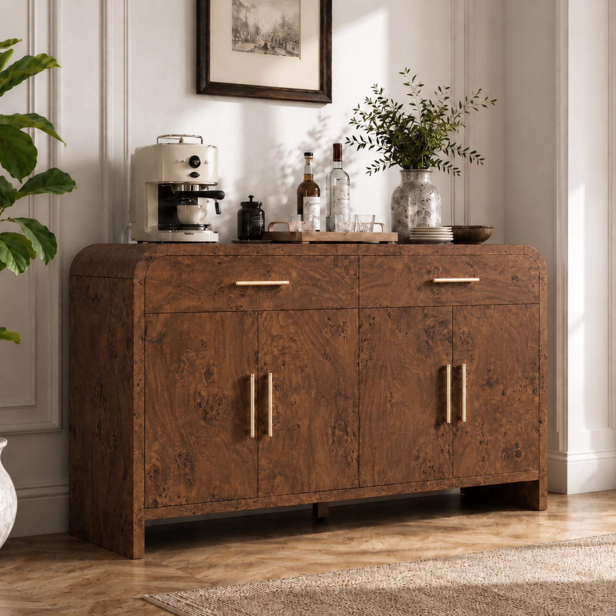 Vintagearth 60" Sideboard Buffet Cabinet with 2 Drawers & 4 Doors, Mid Century Storage Cabinet with Adjustable Shelves, Thick FSC-Certified Wood for Dining Room, Living Room & Entryway, Dark Burl