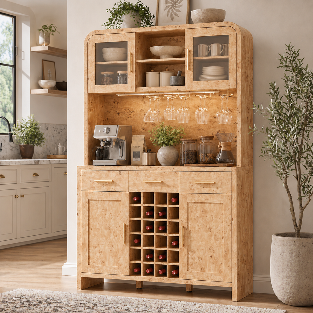 Vintagearth 77" Tall Kitchen Pantry Cabinet with Charging Station & LED Lights, 24-Bottle Wine Rack Coffee Bar Cabinet for Home Dining Room Kitchen, Light Burl