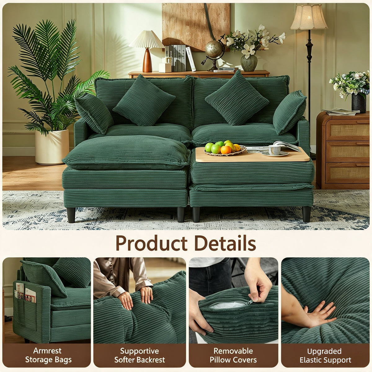 Vintagearth 73.5'' Sectional Modular Sofa Cloud Couch with 2 Ottomans & 4 Pillows Tool-free Easy Assembly for Living Room Apartment, Green