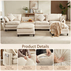 Vintagearth 141'' Modular Sectional Cloud Couch U Shaped with 2 Movable Ottomans & 4 Pillows Tool-free Easy Assembly for Living Room Apartment, Beige