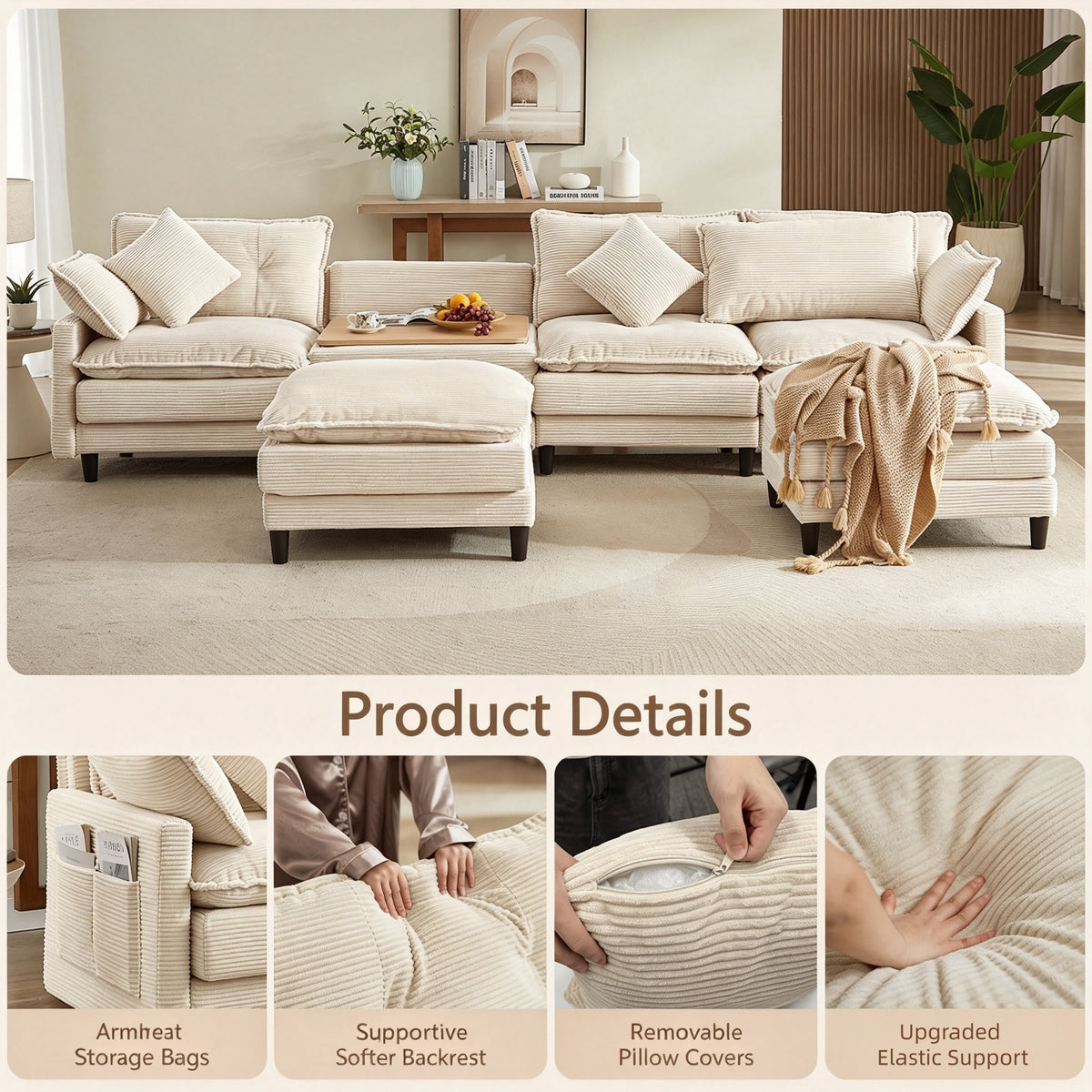 Vintagearth 141'' Modular Sectional Cloud Couch U Shaped with 2 Movable Ottomans & 4 Pillows Tool-free Easy Assembly for Living Room Apartment, Beige