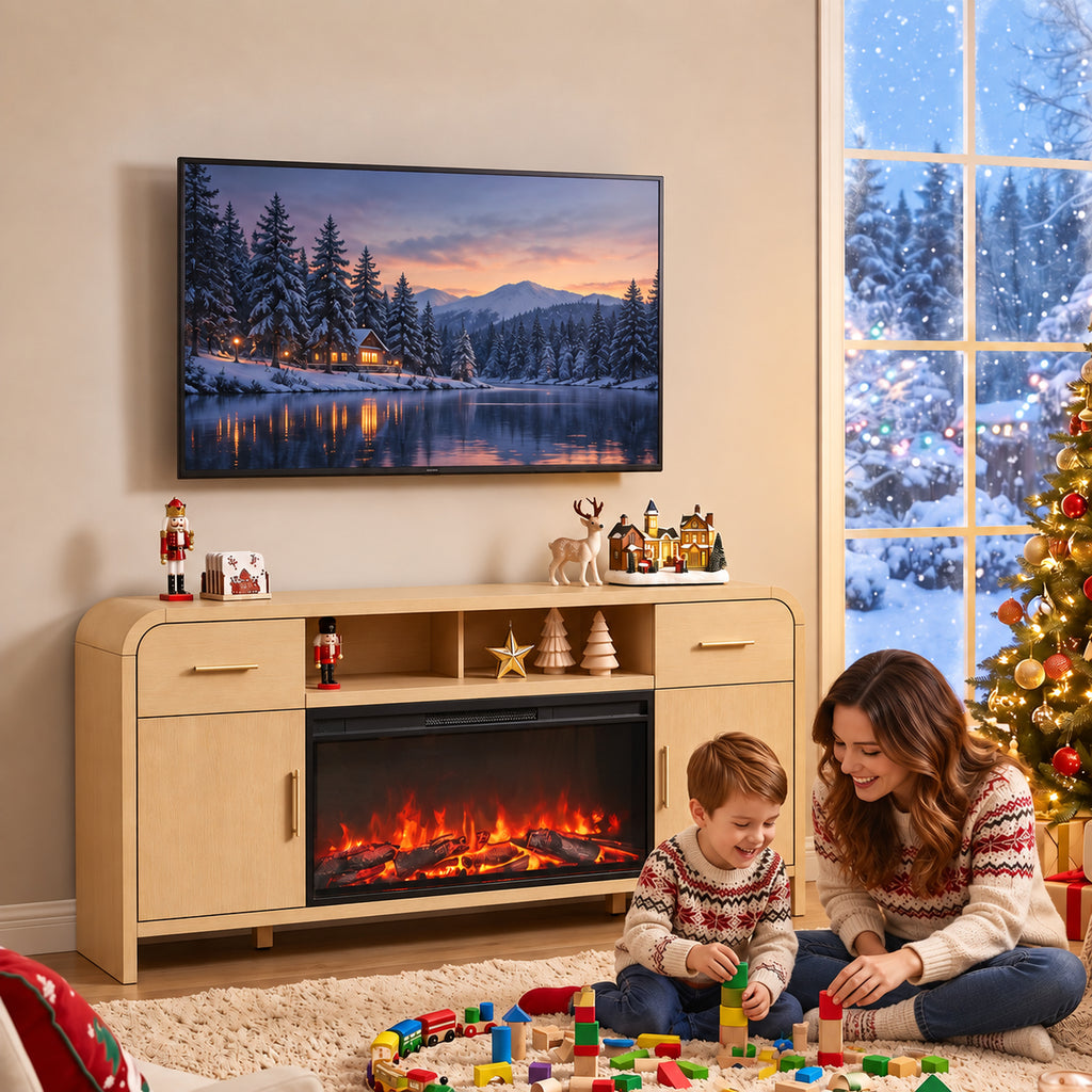 Vintagearth 70.86" Fireplace TV Stand for TVs up to 80", 36" Electric Fireplace Entertainment Center with Storage, Natural Oak