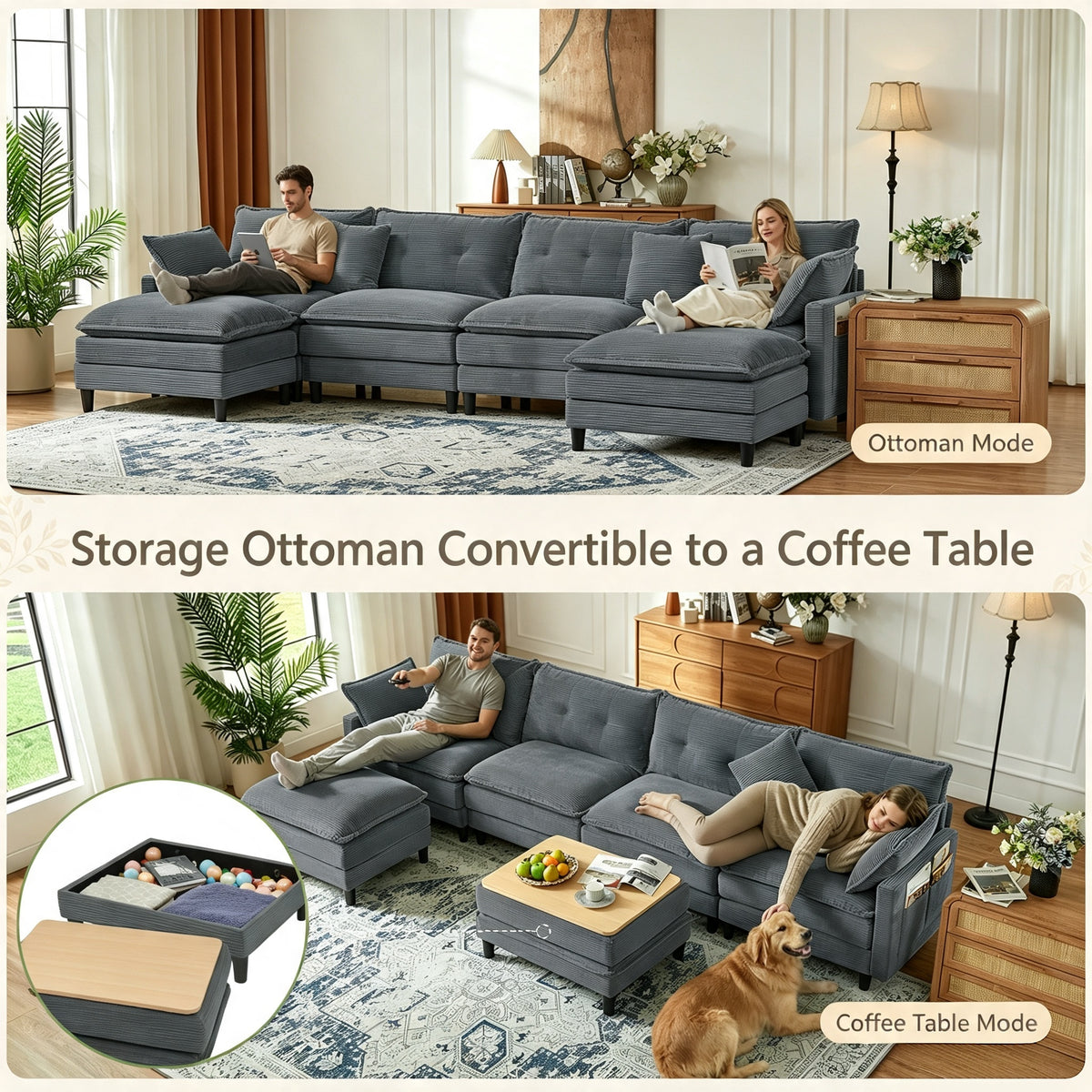 Vintagearth 141'' Sectional Modular Sofa U Shaped Cloud Couch with 2 Ottomans & 4 Pillows Tool-free Easy Assembly for Living Room Apartment, Gray