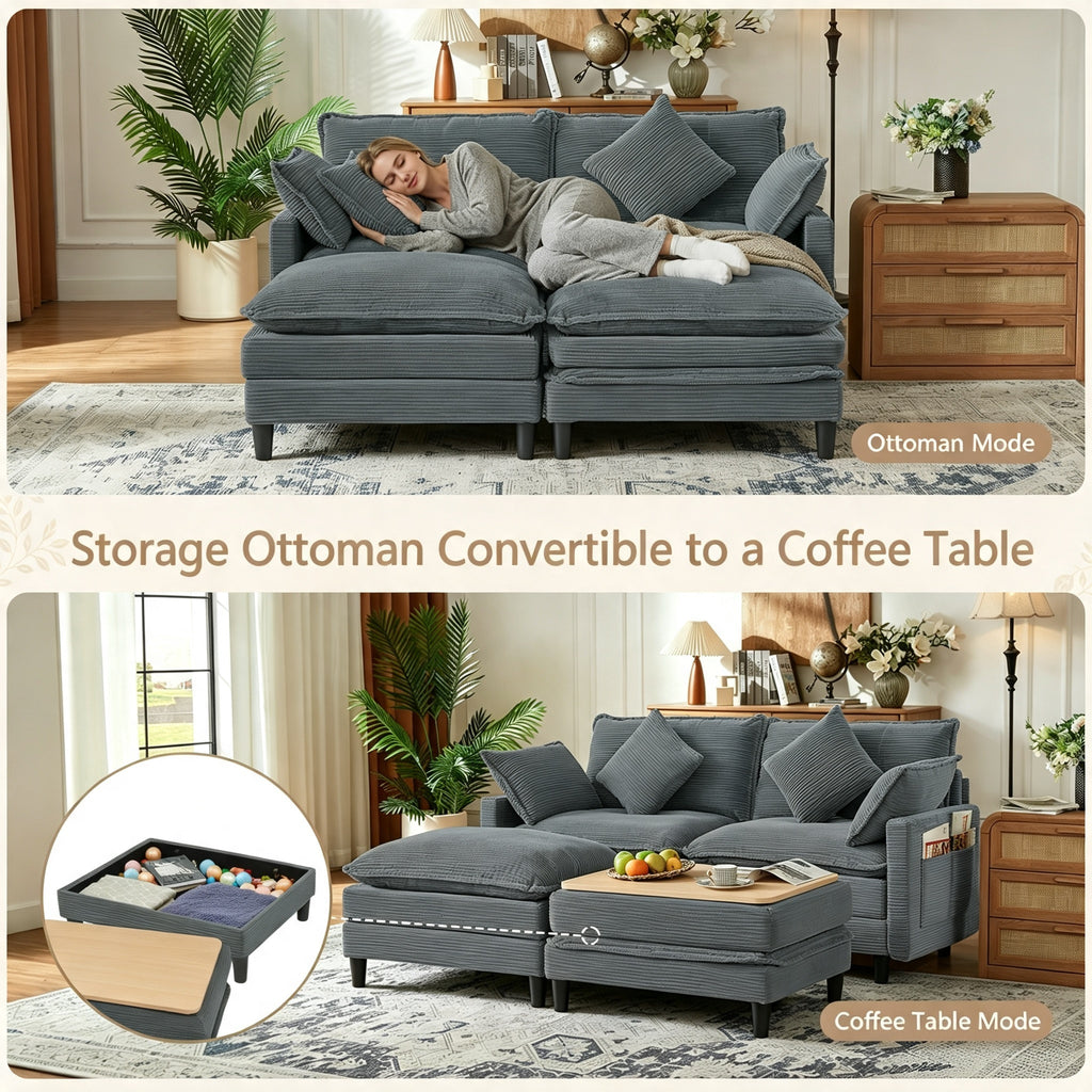 Vintagearth 73.5'' Sectional Modular Sofa Cloud Couch with 2 Ottomans & 4 Pillows Tool-free Easy Assembly for Living Room Apartment, Gray