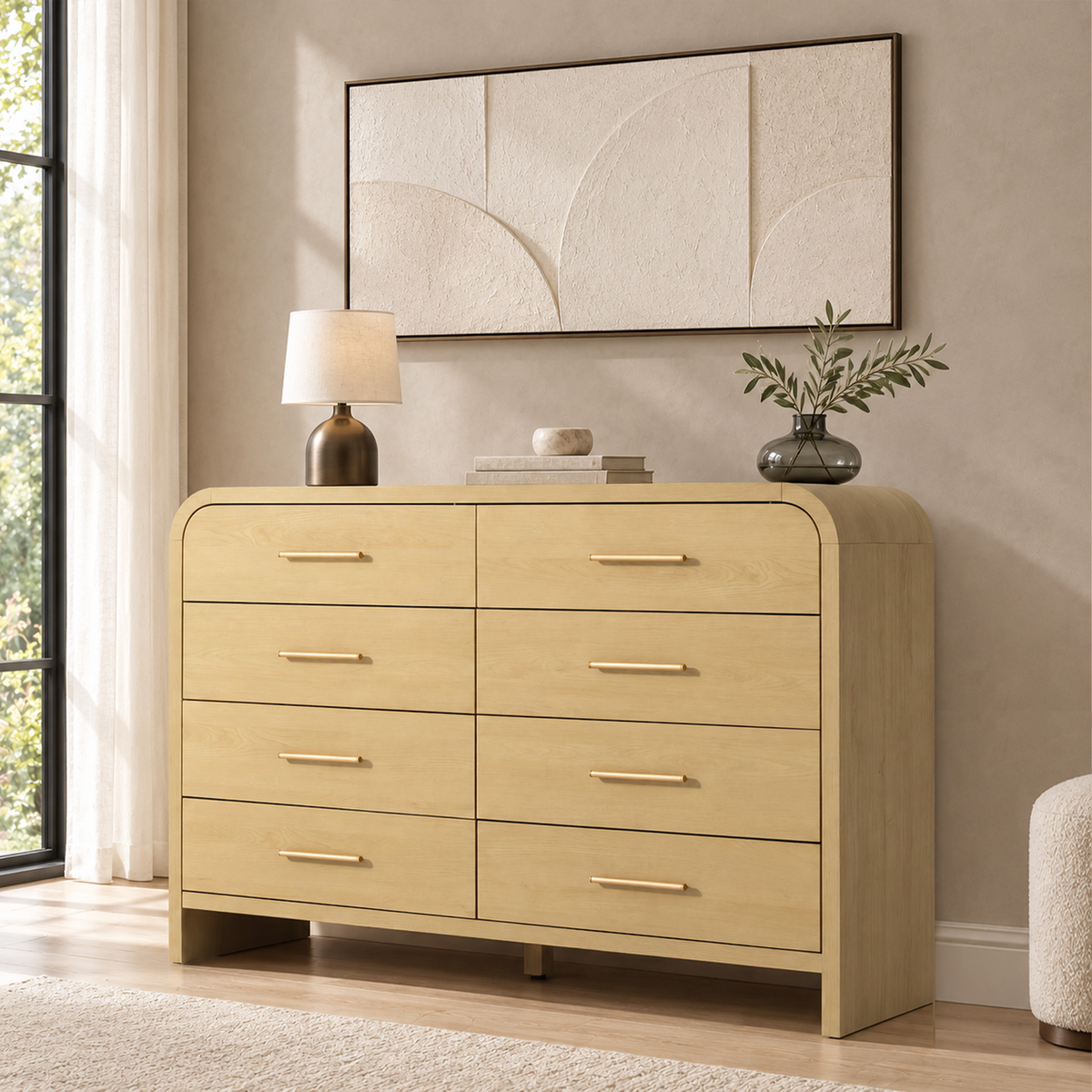 Vintagearth 8 Drawers Dresser for Bedroom, Curved FSC-certified Wood 1.18" Thick Board Dressers & Chests of Drawers for Living Room, Hallway, Entryway, Golden Oak