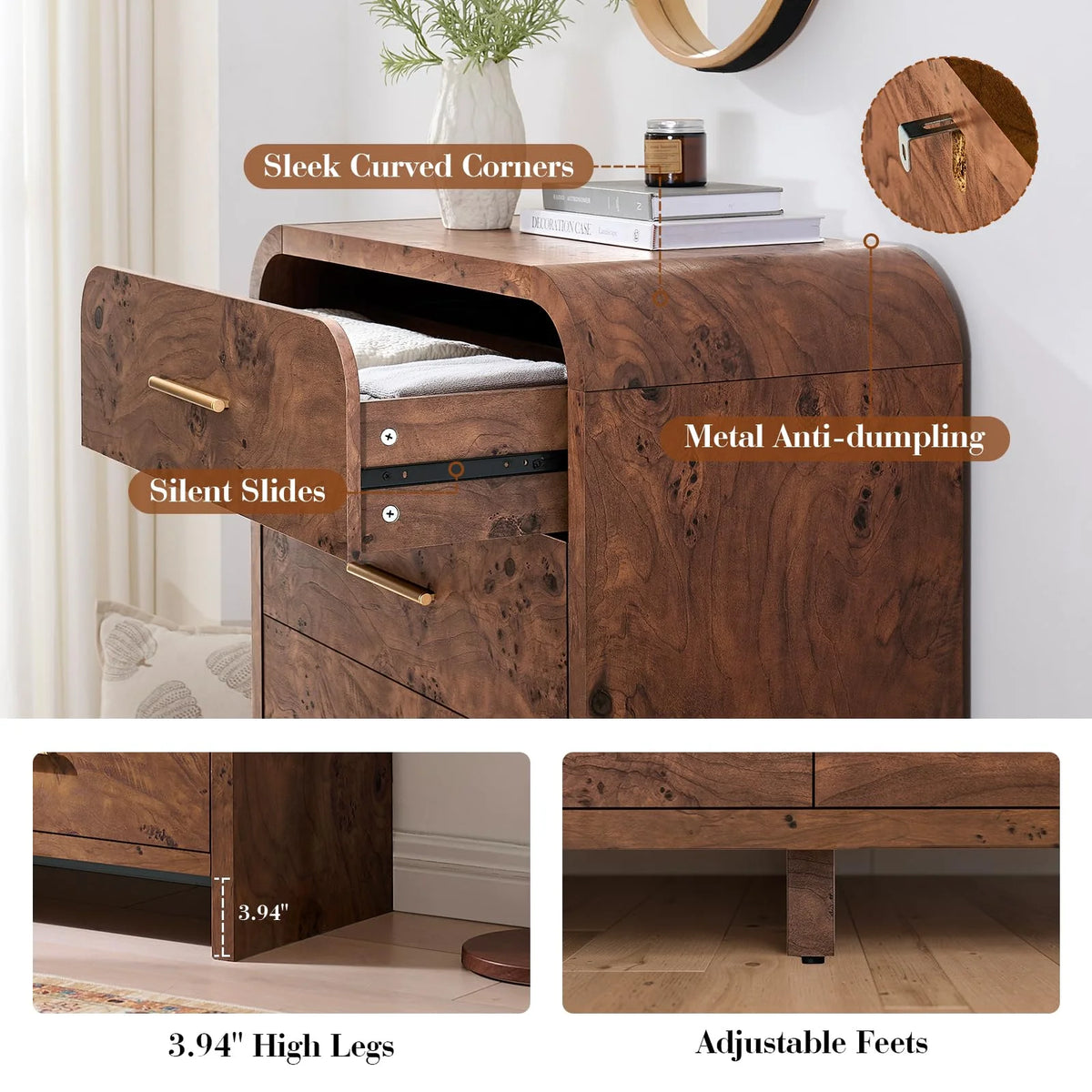 Vintagearth 5 Drawer Dresser for Bedroom, Curved 1.18" Thick FSC Certified Wood, Dark Burl